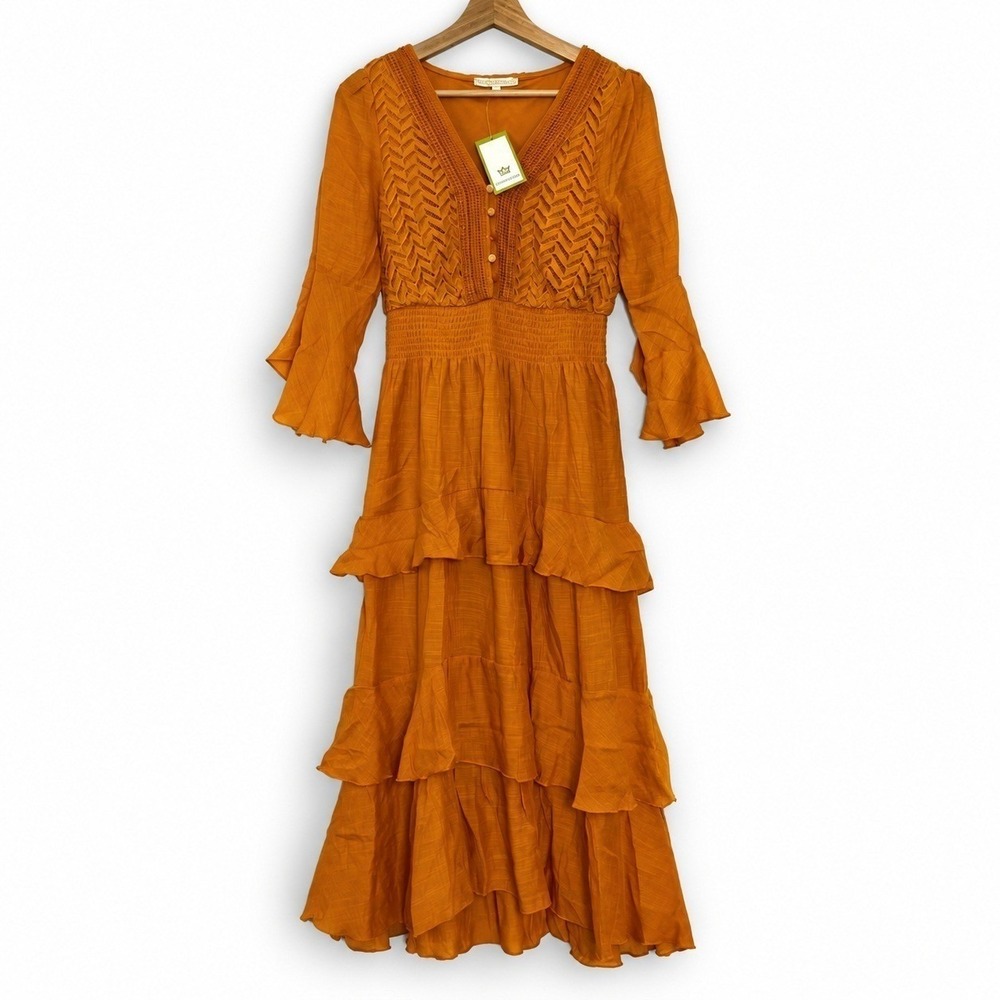 Anthropologie Kings Road Large Maxi Dress Orange Witchy Cottagecore Boho Fairy - Picture 2 of 7